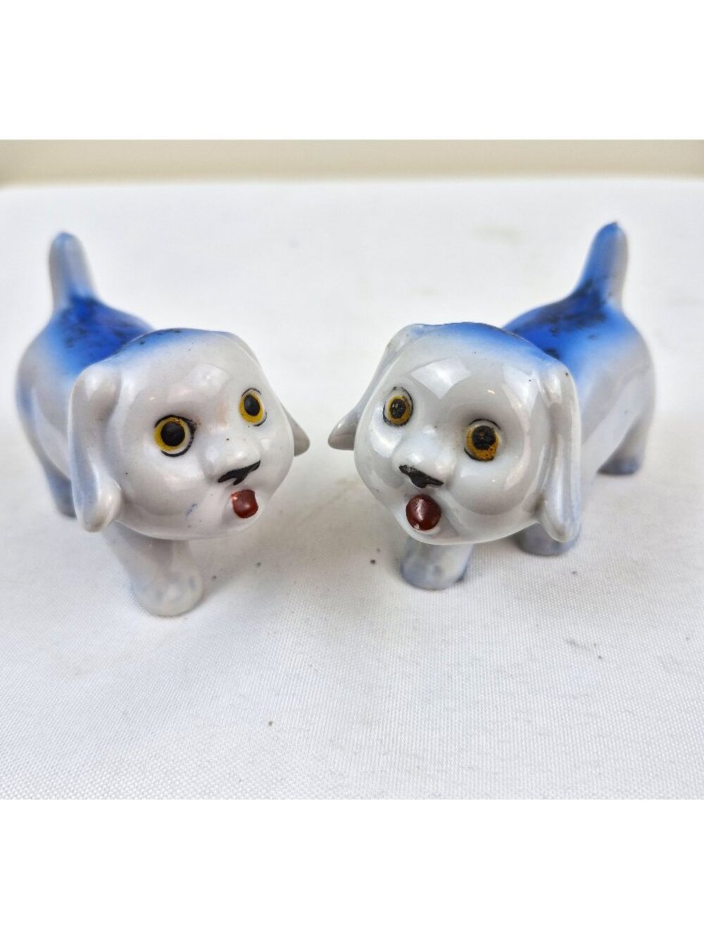 Vintage Occupied Japan Dog Figurine Pair Blue White Puppy Set Porcelain